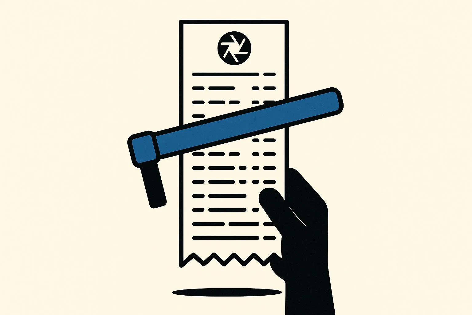 Platte illustratie: een zwarte hand houdt een lange kassabon omhoog met rijen streepjes in plaats van tekst; bovenaan de bon een camerasluiter als zegel, dwars over het midden een dikke blauwe balk die als slagboom de bon blokkeert.