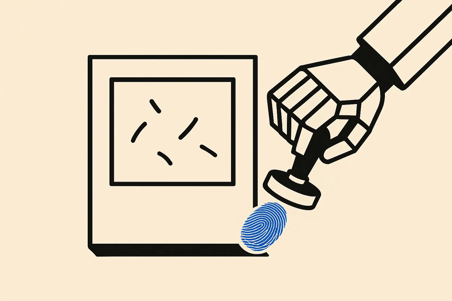 Platte illustratie op crèmewit papier. In het midden ligt een vel met een zwart omkaderd cartoonvak met enkele eenvoudige lijnen erin. Van rechts drukt een robothand van zwarte en witte geometrische delen een stempel op de rechterbenedenhoek van het vak. Daar blijft een blauwe vingerafdruk achter, het enige gekleurde element in het beeld.