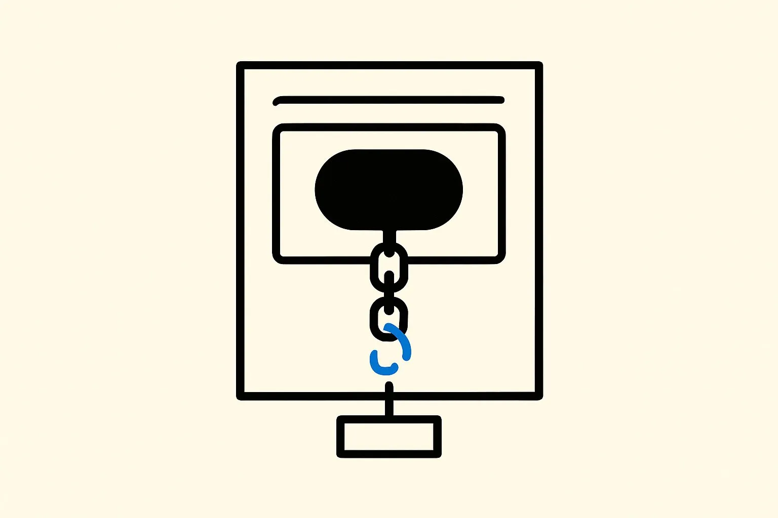 Platte vectorillustratie op crèmewitte achtergrond: een lege nieuwskaart met dikke zwarte rand en platte slagschaduw. Binnenin een zwarte lege tekstballon waaraan een ketting hangt; de onderste schakel is blauw en opengebroken. Onder de kaart een klein zwart naambalkje dat met een dun lijntje aan de gebroken schakel hangt.