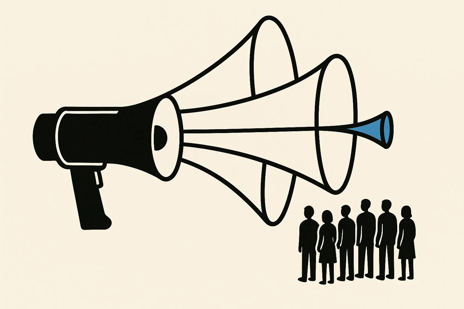 Vlakke illustratie van een liggende zwarte megafoon waaruit vier trechtervormen naar een groepje menselijke silhouetten wijzen: drie brede zwarte trechters en één veel smallere, blauw ingekleurde trechter.
