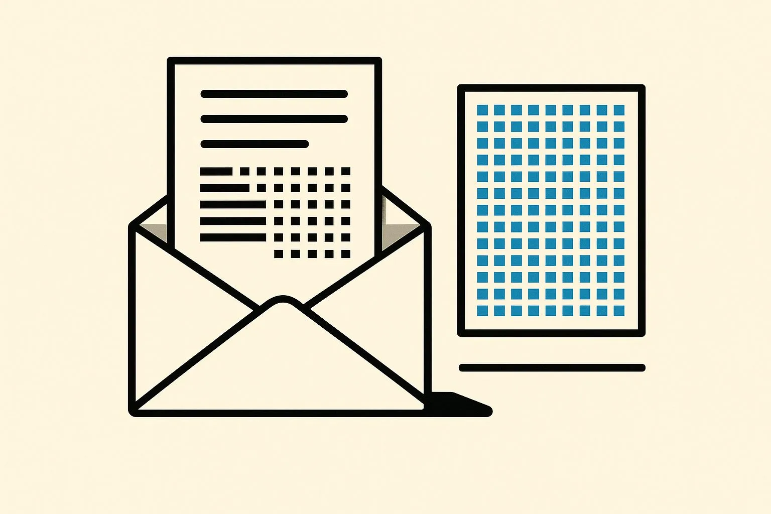 Platte illustratie: een geopende envelop met een half uitgetrokken vel papier waarvan de tekstregels overgaan in een raster van kleine vierkanten. Ernaast staat rechtop een vel dat helemaal uit blauwe vierkantjes bestaat.