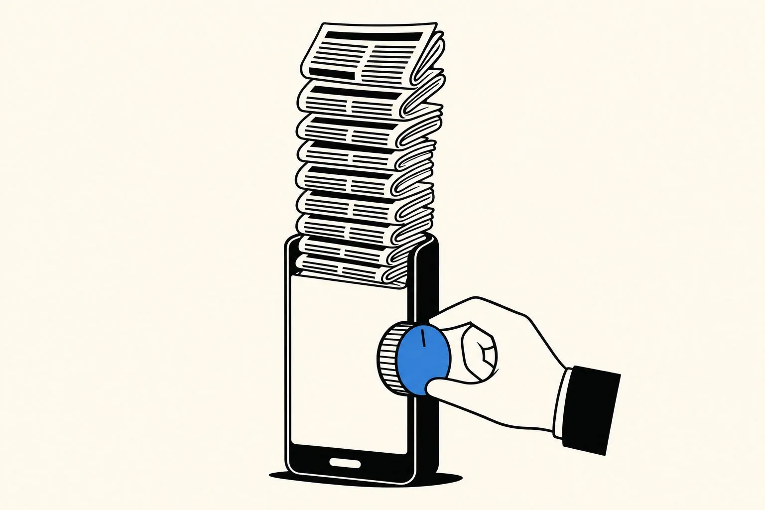 Platte zwart-witte illustratie op een crèmekleurige achtergrond van een rechtopstaande smartphone met een grote ronde blauwe draaiknop aan de zijkant. Een grote hand draait aan de knop. Uit de bovenkant van het scherm rijst een hoge, licht scheve stapel opgevouwen kranten op.