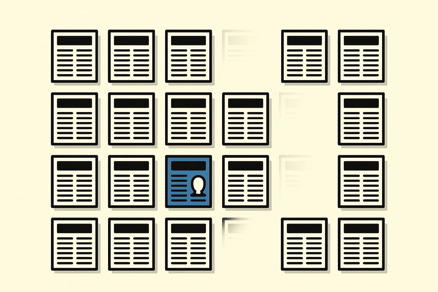 Vlakke illustratie van een raster met tientallen identieke krantenvoorpagina's in dikke zwarte lijnen, met zwarte balken in plaats van tekst. In het midden zijn verschillende pagina's leeg of half verdwenen, waardoor gaten in het raster ontstaan. Eén pagina is helemaal blauw en toont het silhouet van een persoon op de plek van een portretfoto.