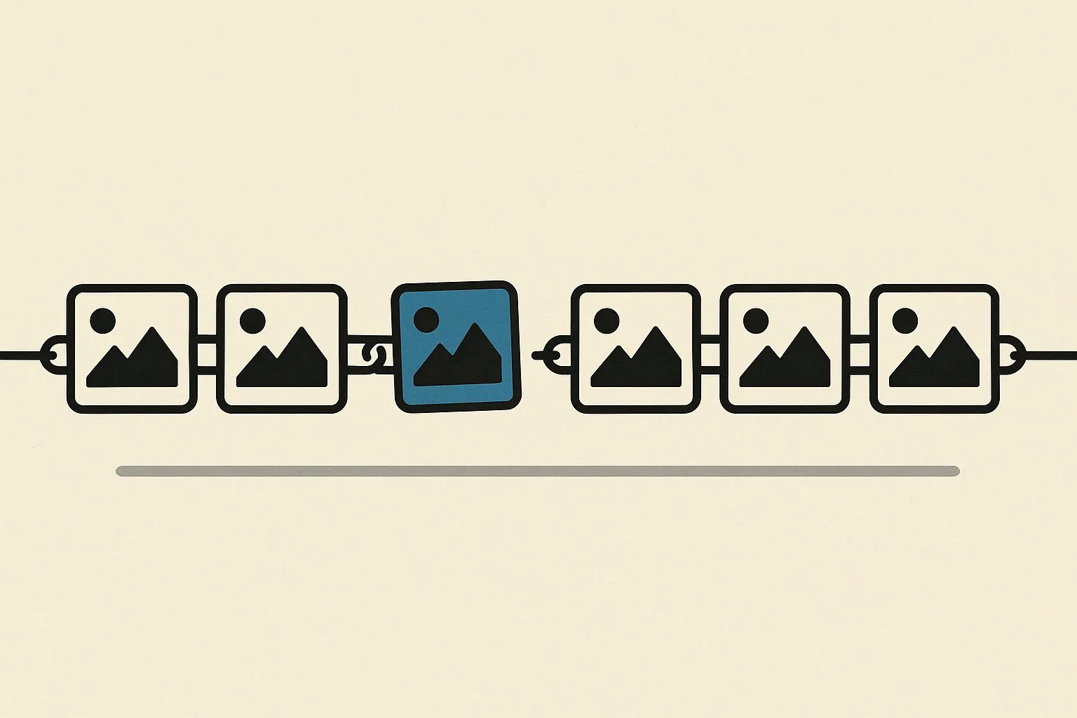 Platte illustratie op crèmewitte achtergrond van een horizontale ketting. De schakels zijn kleine rechthoekige fotolijstjes met dikke zwarte randen, elk met een eenvoudige afbeelding van een berg en een zon. Het middelste lijstje is blauw en opengebroken, met een opening in de rand. De rest van het beeld is zwart-wit.