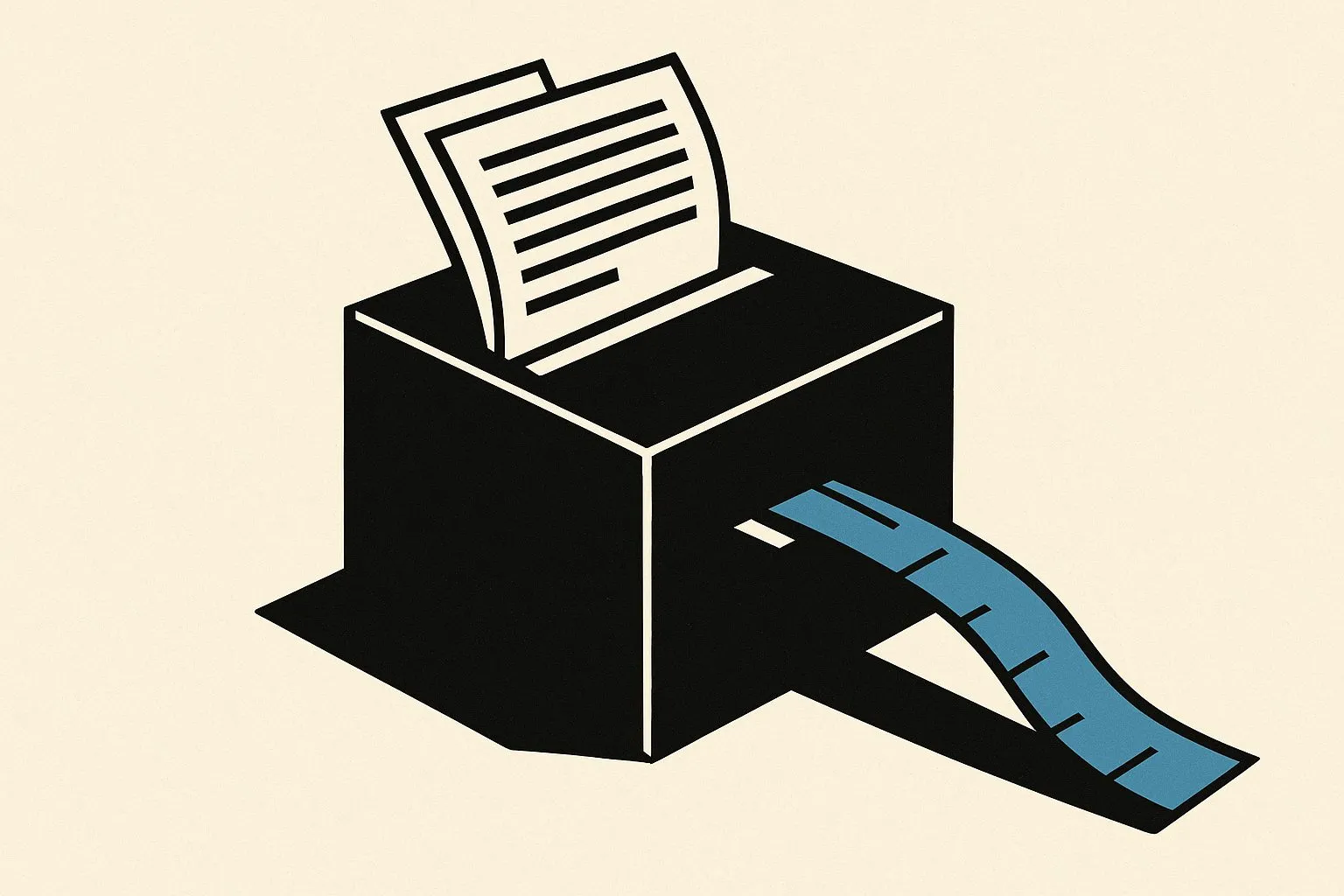 Platte illustratie op crèmewit papier. In het midden staat een dichte zwarte kubus met een smalle gleuf aan de voorkant. Een opgevouwen krant, met kolommen getekend als zwarte strepen, schuift de gleuf in. Naast de krant loopt een lang blauw meetlint met streepjes, dat ook in de gleuf verdwijnt. Onder de kubus ligt een platte schaduw.