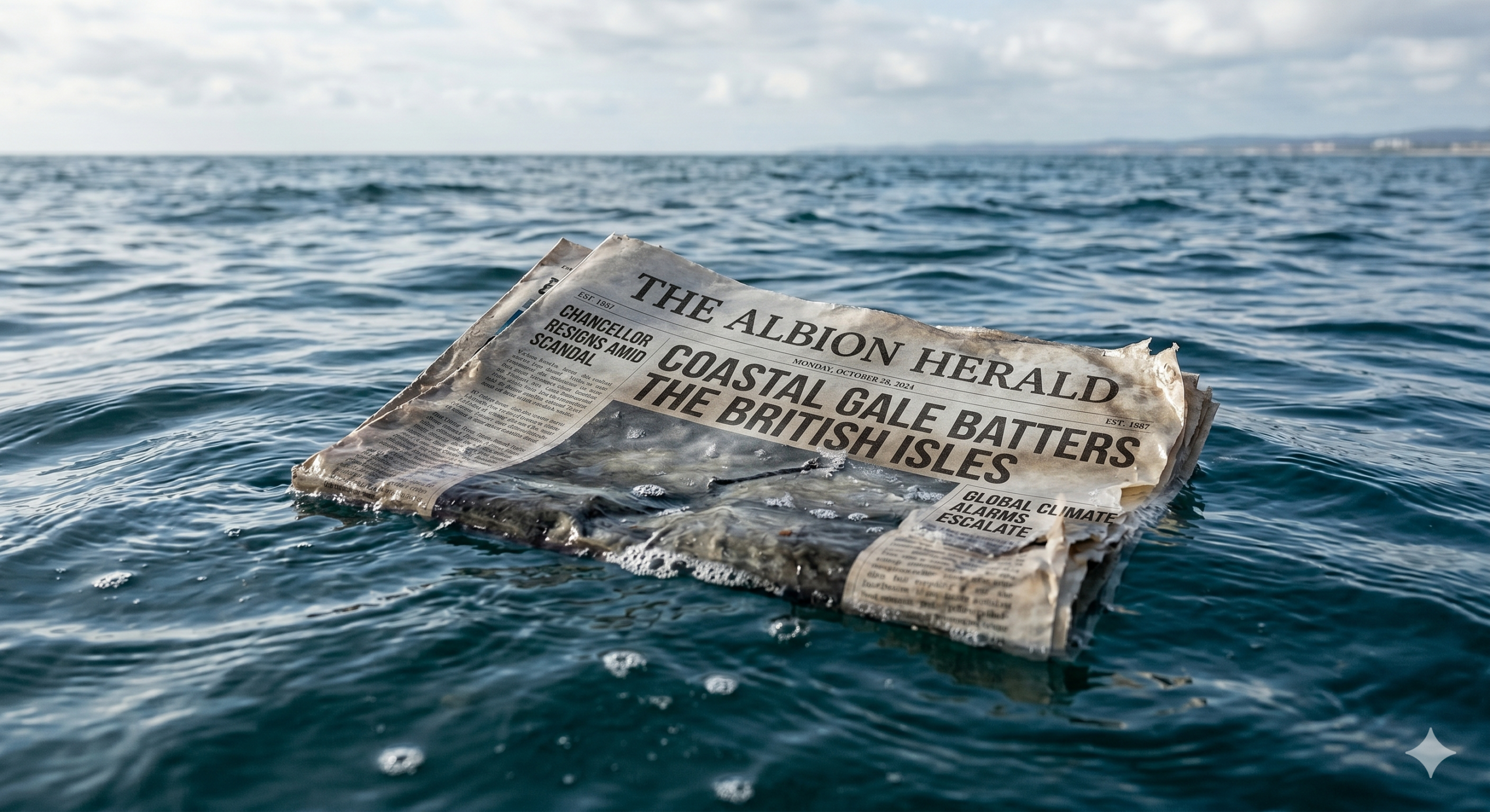 Een wegdrijvende papieren krant op de golven van de zee.